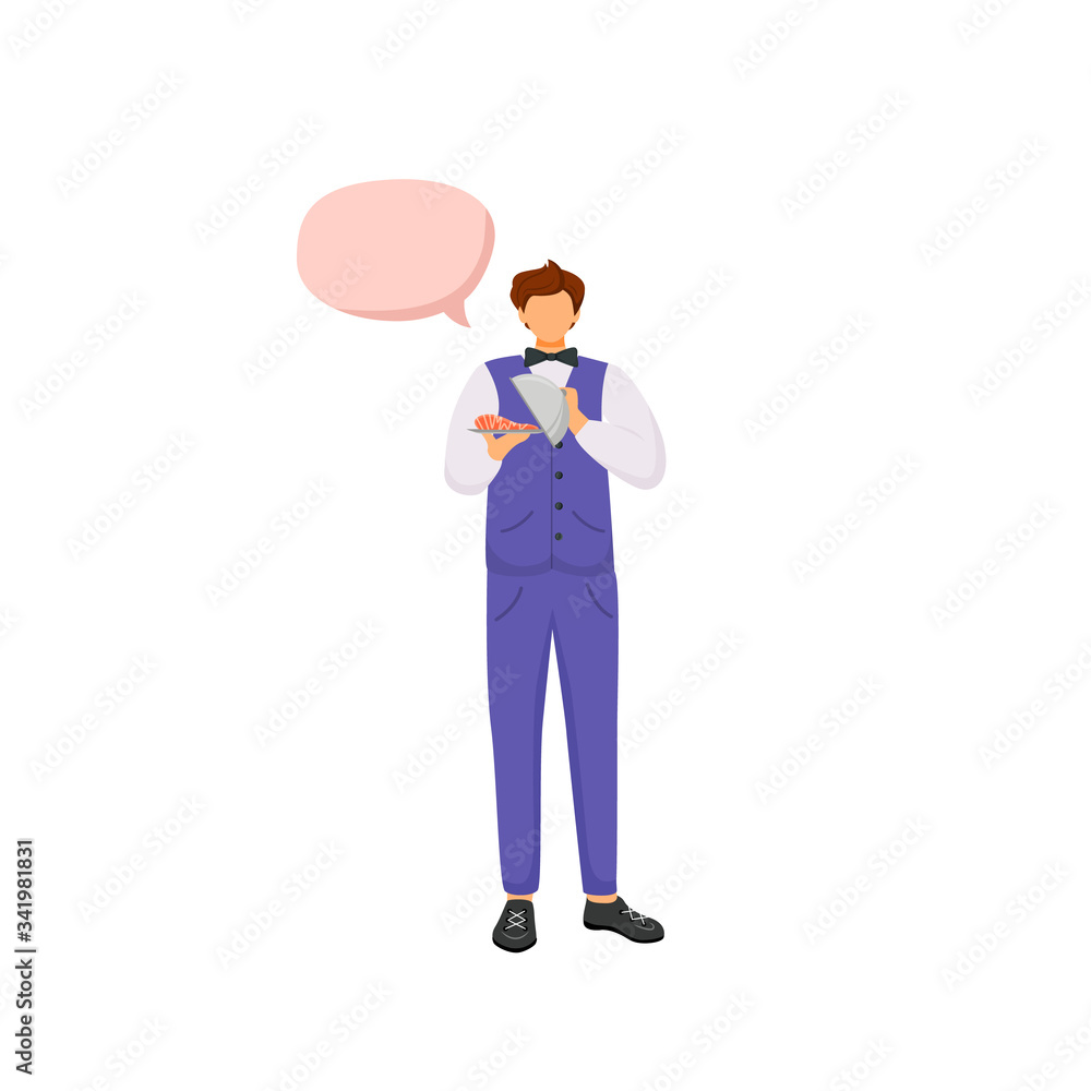 Poster waiter flat color vector faceless character. man with food tray. guy in uniform serve meal. person w