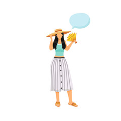 Summer outfit flat color vector faceless character. Hot weather clothes. Girl in hat with fan. Person with speech bubble isolated cartoon illustration for web graphic design and animation