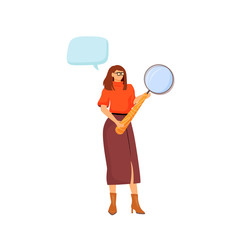 Smart female flat color vector faceless character. Woman in glasses with magnifying glass. Person with speech bubble isolated cartoon illustration for web graphic design and animation