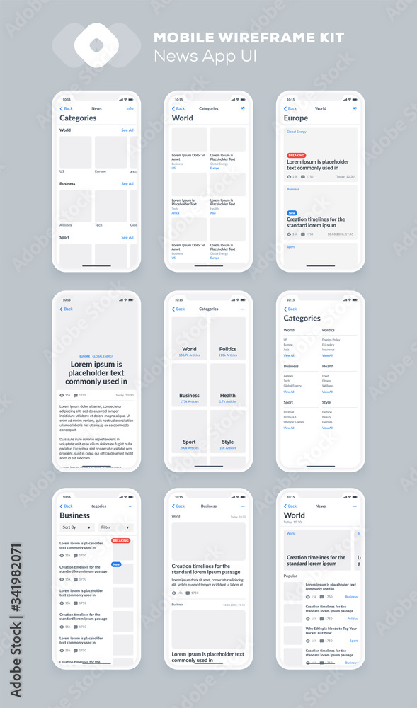 Aufkleber wireframe ui kit for smartphone. mobile app ux design. new os news, categories, articles screens.