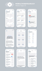 Wireframe UI kit for smartphone. Mobile App UX design. New OS news, categories, articles screens.