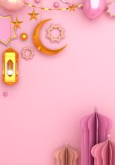 Arabic star ornament, lantern, crescent, balloon, ribbon on pink background. Design concept of islamic celebration day ramadan kareem or eid al fitr adha, copy space vertical area, 3D illustration.