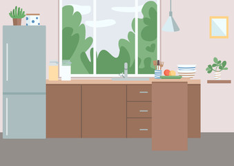 Kitchen flat color vector illustration. Residential house furniture. Fridge near cabinets. Kitchenware, utensils and appliances on counter. Dining room 2D cartoon interior with window on background