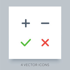 Flat icons simple collection for accepted - rejected, approved - disapproved, yes - no, right - wrong. Green, red and gray web symbols. Plus, minus, check mark and close buttons. Ux ui icons set.