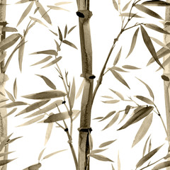 Bamboo seamless pattern on a white background, watercolor illustration. Print for fabric, background for various designs.