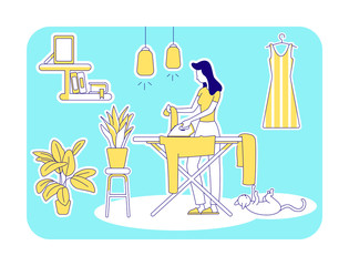 Housekeeping flat silhouette vector illustration. Woman ironing clothes. Person doing laundry at home. Female outline character on turquoise background. House chores simple style drawing