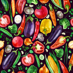 Watercolor illustration. Pattern of vegetables on a dark purple background. Corn, garlic, pepper, eggplant, greens, broccoli, tomato, peas, parsley, onions.