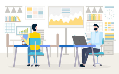 Colleagues at desk with laptops, office interior vector. Graphics or charts, document folders and clock, shelves and tables, business and analytics