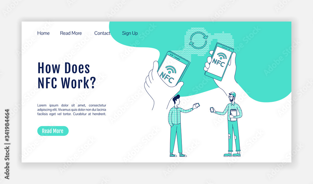 Poster nfc work principle landing page flat silhouette vector template. pay system homepage layout. data tr