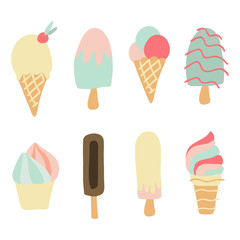 Collection of various ice cream and eskimo pie, flat vector illustration isolated on white background