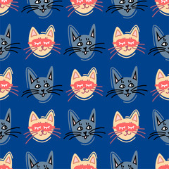 Seamless vector hand drawn pattern with funny cats in a mask for sleeping hads on the blue background. Scandinavian design. Print for fabric, clothing, wrapping paper, etc.