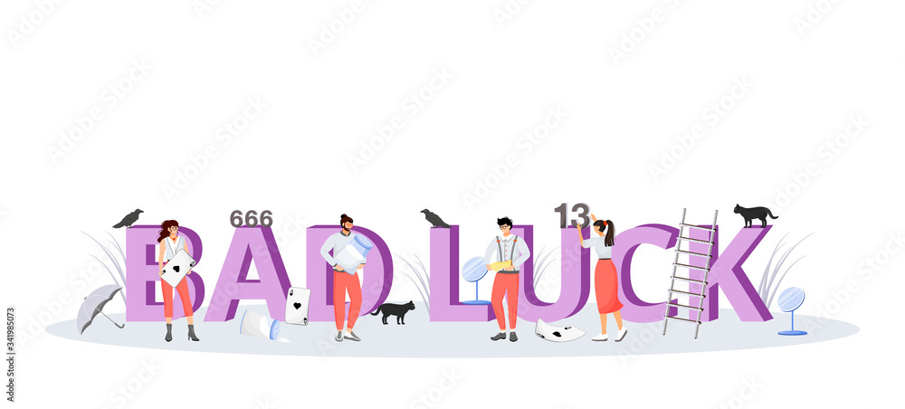 Poster bad luck word concepts flat color vector banner. isolated typography with tiny cartoon characters. m