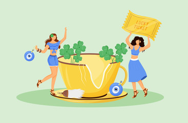 Luck charms and good omens flat concept vector illustration. Young superstitious women with talismans 2D cartoon characters for web design. Fortune symbols, common beliefs creative idea