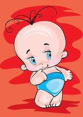 baby with big eyes stands in a blue diaper on a red background vector illustration,