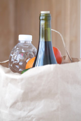 Food donation box for people with the coronavirus pandemic. Food donations to help isolate against coronavirus. Coronavirus food delivery. Volunteer brings a box of food.