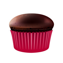 Chocolate muffin realistic vector illustration. Flour confection, sweet stuff, bakery. Sugary pastry in pink baking cup. Homemade cocoa cupcake 3d isolated object on white background