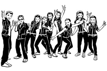 black and white vector sketch of a group of joyful teenagers