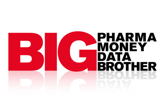 Big Pharma, Big Money, Data and Big Brother lettering. Words shown in capital letters. Bold red and black letters with a shadow effect. Isolated illustration on white background. Vector.
