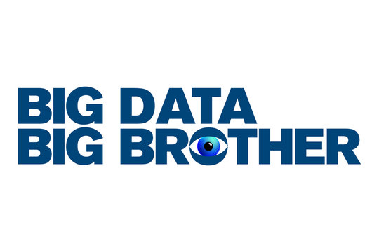 Big Data and Big Brother lettering with a blue surveillance eye. Words shown in bold and blue colored capital letters. Isolated illustration on white background. Vector.