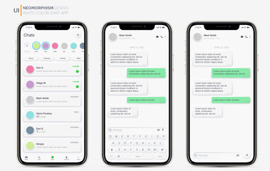 Realistic Mockup app messenger on the screen smartphone in white color concept. Social / UI / UX Neomorphism design. Vector illustration EPS 10.