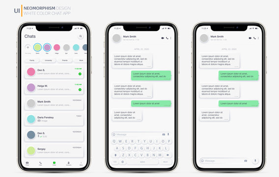 Realistic Mockup app messenger on the screen smartphone in white color concept. Social / UI / UX Neomorphism design. Vector illustration EPS 10.