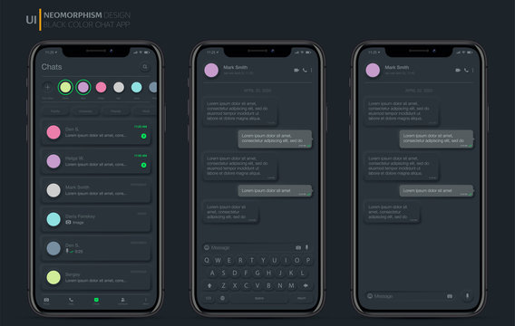 Realistic Mockup app messenger on the screen smartphone in black color concept. Social / UI / UX Neomorphism design. Vector illustration EPS 10.