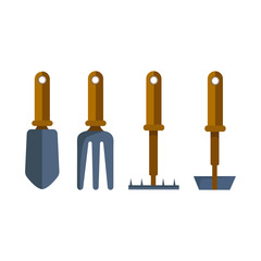 Vector set of tools for the garden on a white background. For agriculture and caring for plants and weeding vegetables. Flat design illustration of objects without fill. Vector and stock illustration.