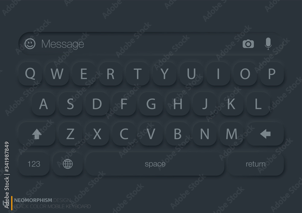 Wall mural realistic mockup app mobile keyboard messenger black color concept. social / ui / ux neomorphism des