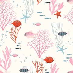 Sea wildlife with corals, fishes and starfish, seamless pattern. Vector colorful abstract illustration with texture, design elements on ivory background. © Nikole