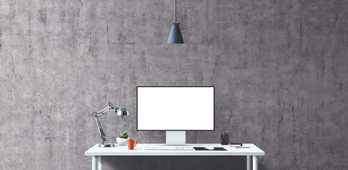 New computer display and office tools on desk. Blank desktop computer screen. Modern creative workspace background. Front view.