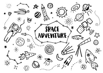 Sketchy vector hand drawn doodles cartoon set of Space objects and symbols