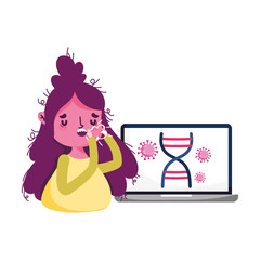 Isolated woman with dry cough and laptop vector design