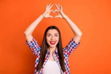 Fototapeta na wymiar Portrait of surprised crazy positive girl make fingers heart sign love symbol look enjoy wear stylish clothes isolated over bright color background