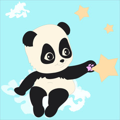 Cartoon sweet panda with stars and sky-blue background. Unique little animal on the cloud. Panda  vector illustration elements isolated on white perfect for print and all kinds of children design.