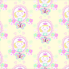 Cute cartoon girl seamless pattern with butterfly, flowers and hearts. Unique hand painted Princess illustration clipart elements isolated on white perfect for print, packaging and all kinds of childr
