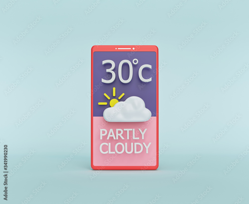 Poster weather forecast widget, mobile application concept. minimal design. 3d rendering
