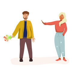 Couple in a quarrel. A man with flowers is trying to apologize to a woman. Husband and wife or couple in upset feelings. Cartoon characters. Flat vector illustration.
