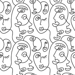 Fotobehang Lijnkunst Een lijntekening abstract gezicht naadloze patroon. Moderne minimalisme kunst, esthetische contour. Doorlopende lijnachtergrond met gezichten van vrouwen en mannen. Vector groep mensen