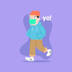 A COOL MAN WEARING MASKER IS WALKING AND GREETING 