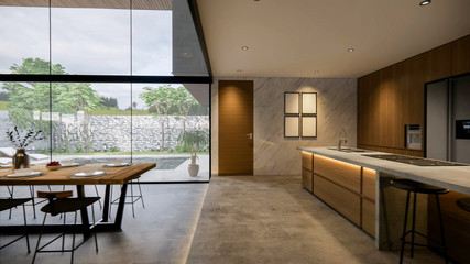 3d rendering. Interior house modern open living space with kitchen.Loft style Duplex  residence .Home decoration luxury  interior-exterior design.Outdoor terrace with swimming pool.