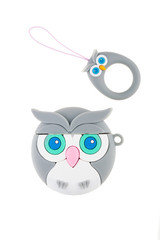 Moscow, Russia - 01/23/2020:
Rubber cover for headphones AirPods, with carbine and cover, multicolored with animal pattern
