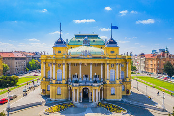 Croatia, city Zagreb, national theater landmark, tourist destination, aerial view of city center