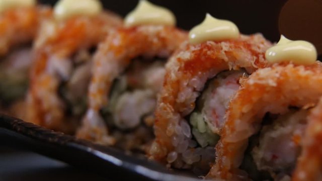 Sushi roll set . Various Sushi japanese food in restaurant.