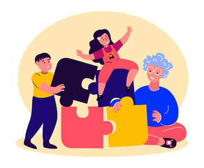 Old Grandmother,Granny Collecting Puzzle Board Game with Grandchldren,Son,Daughter.Family Communicate Together.Grandchild, Daughter Girl,Boy. Holidays with Old Aged Pensioner. Flat Vector Illustration