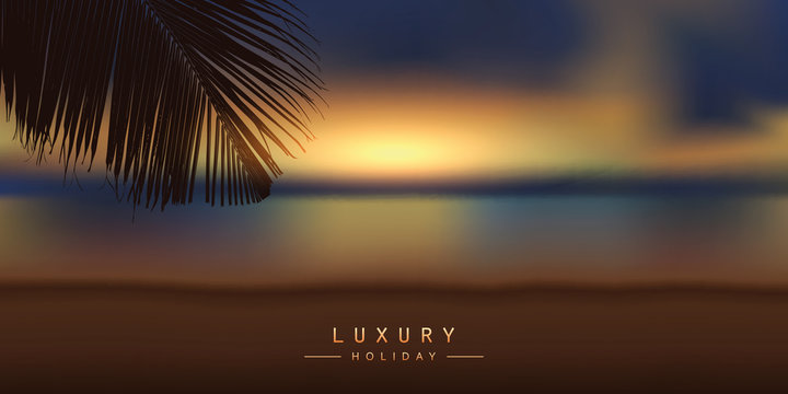 luxury holiday design with tropical sunset background and palm leaf vector illustration EPS10
