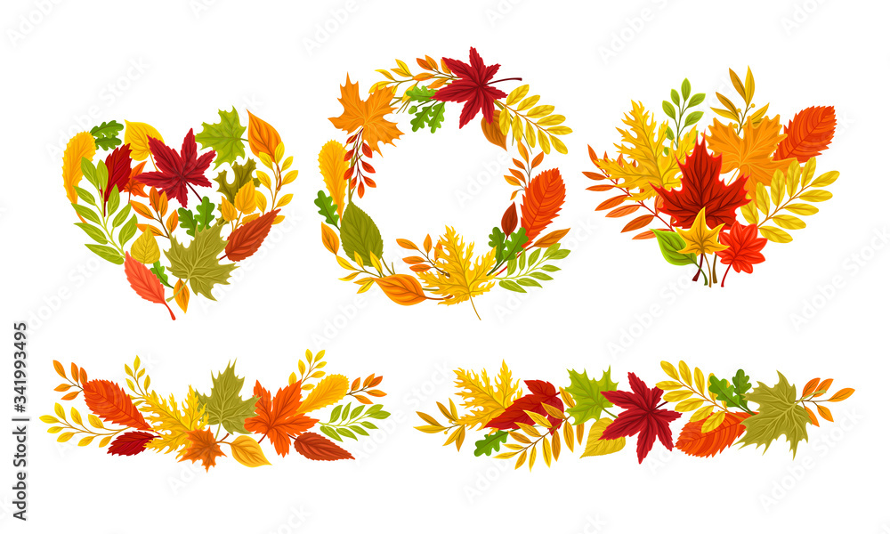 Poster autumn foliage arranged in frames and shaped compositions vector set