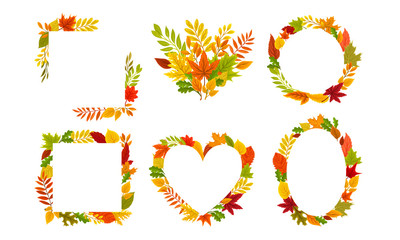 Autumn Foliage Arranged in Circular and Rectangular Frames Vector Set