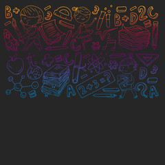 Cute school children. Imagination and creativity. Play and learn, singing, dancing, reading, drawing.