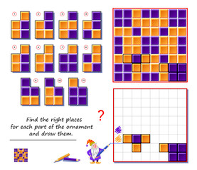 Logic puzzle game for children and adults. Find the right places for each part of ornament and draw them. Printable page for brain teaser book. Developing kids spatial thinking. Flat cartoon vector.