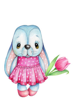 Watercolor cute cartoon bunny rabbit with tulip flower. Isolated hand drawn illustration.